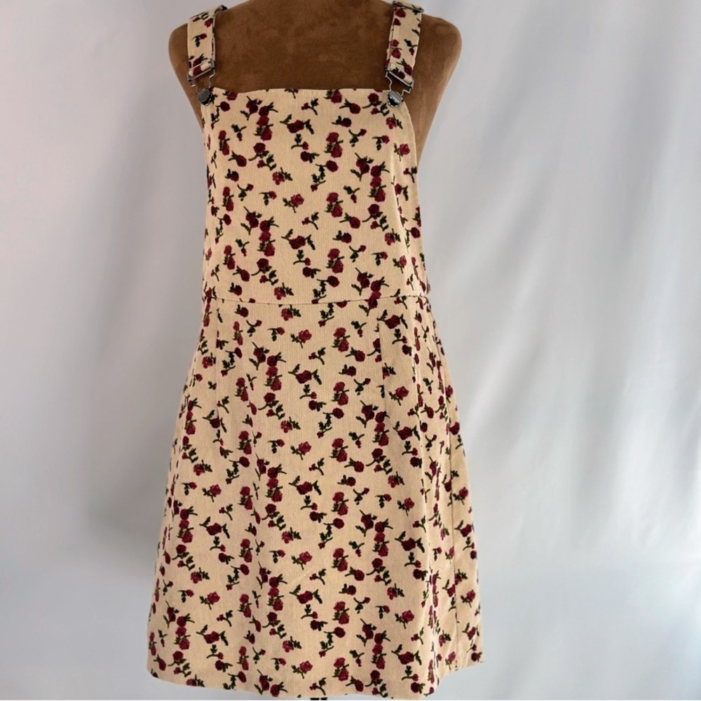 Allegra K‎ Pinafore Dress Womens Medium Beige Floral Corduroy Good Overall Mini